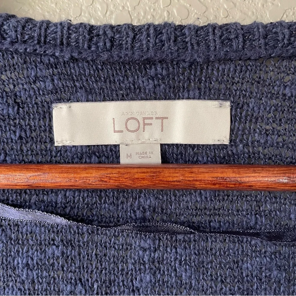 Loft Womens Medium Navy Blue Linen Cotton Open Front Knit Cardigan Boho Coastal